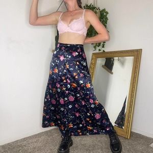 Vintage Early 80s Mirrors Black Floral Fairy Boho Maxi Skirt